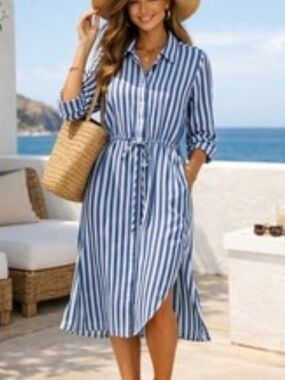 GAP Blue & White Striped Drawstring Waist Shirt Dress